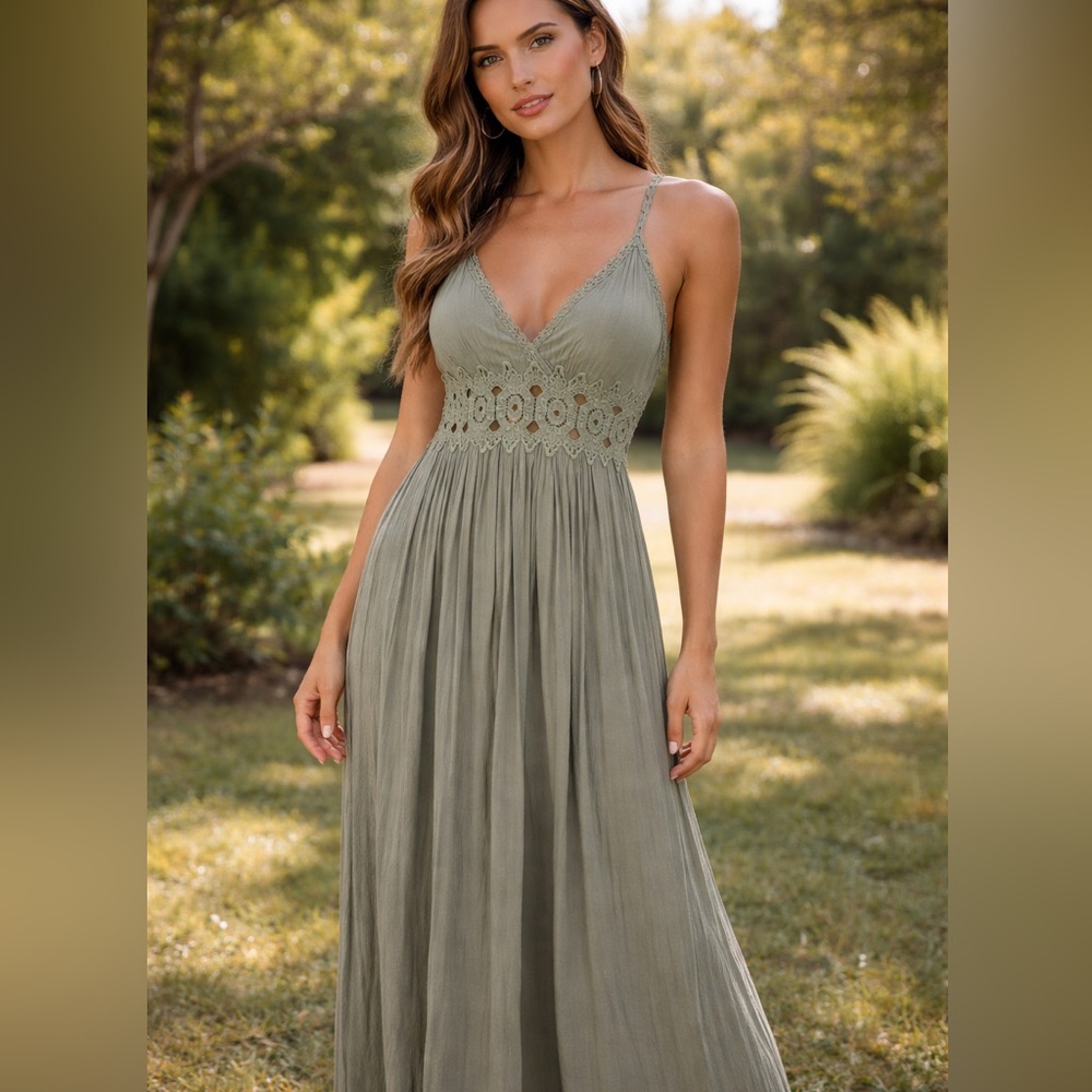 Lulu's Sage Green Maxi Dress Women’s L Crochet Lace Waist Boho Flowy Cottagecore